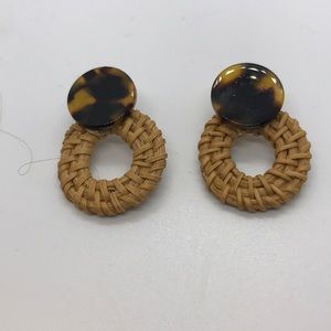 Woven Bamboo Wicker Earrings Faux Tortoise Posts